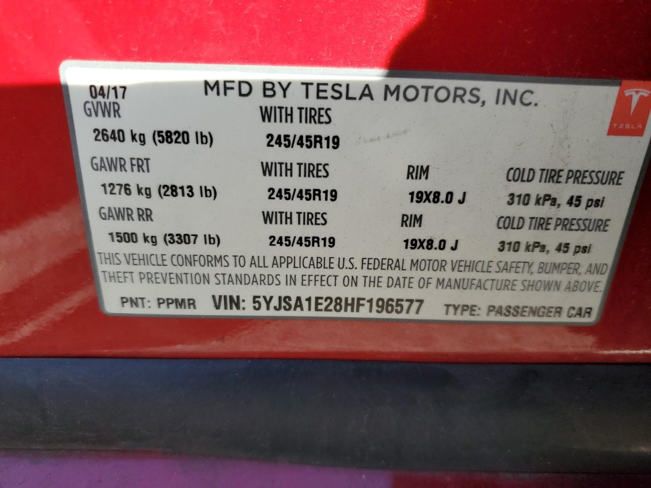 2017 Tesla Model S VIN: 5YJSA1E28HF196577 Lot: 91917725