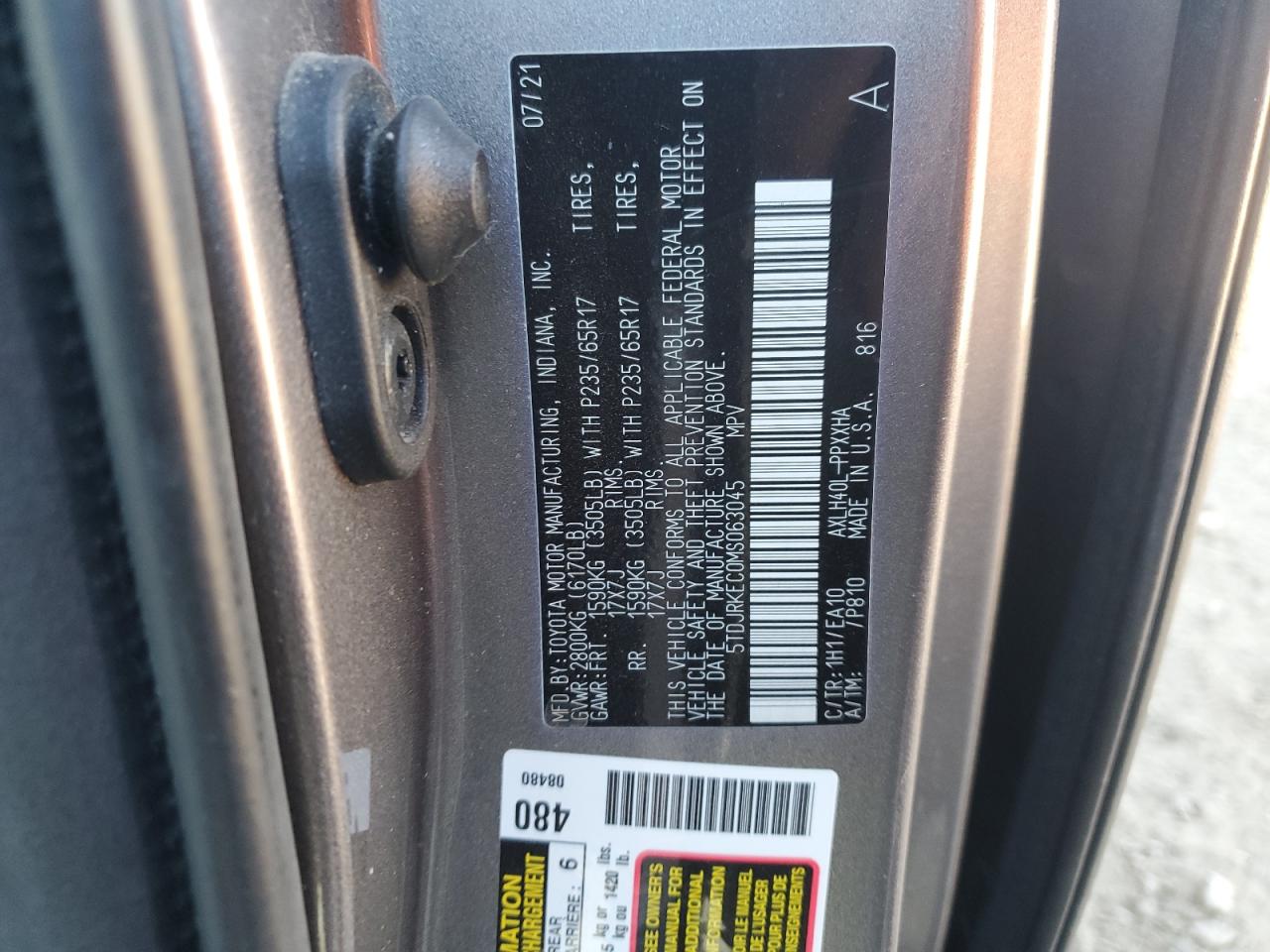 2021 Toyota Sienna Xle VIN: 5TDJRKEC0MS063045 Lot: 92928205