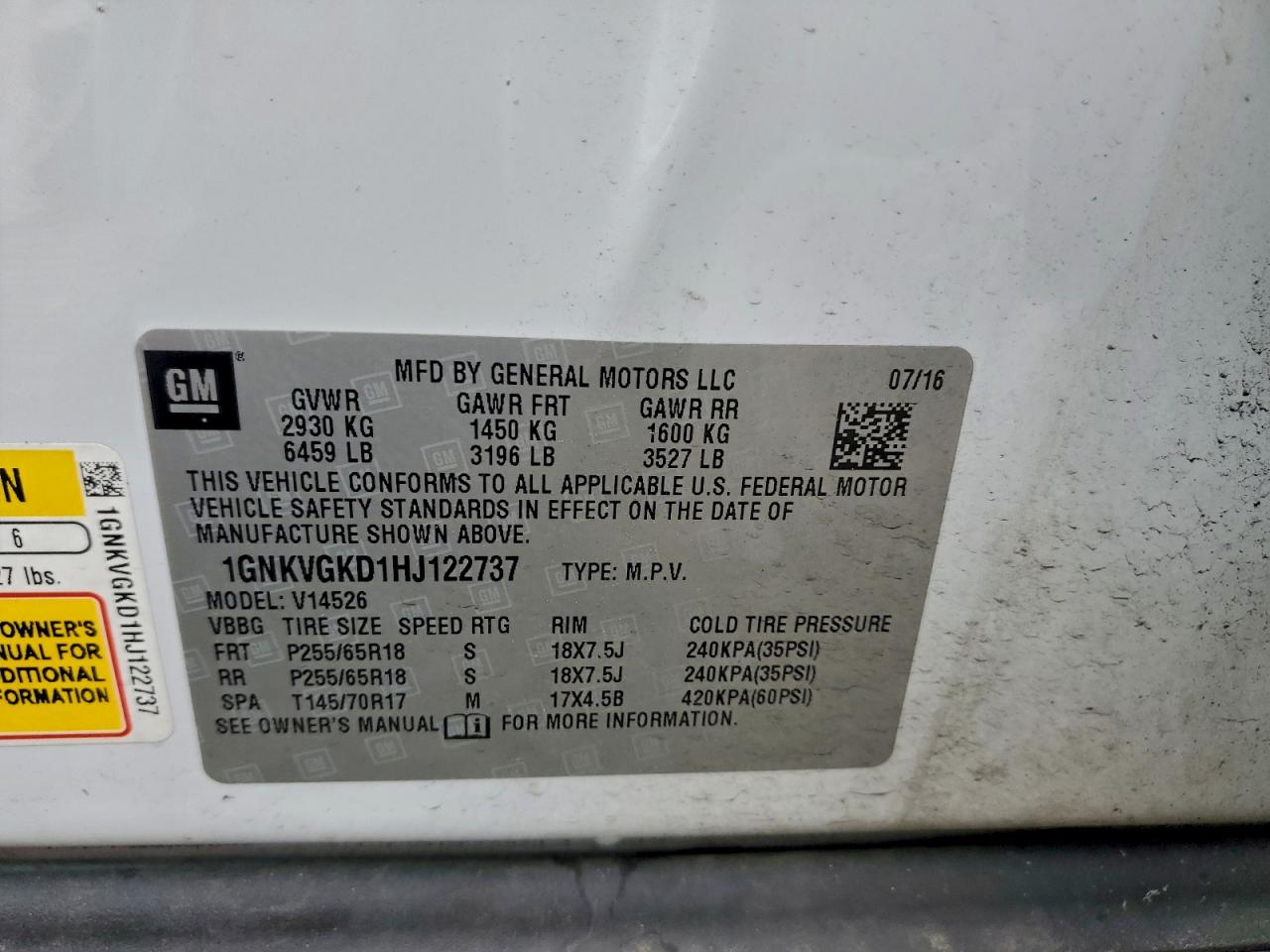 2017 Chevrolet Traverse Lt VIN: 1GNKVGKD1HJ122737 Lot: 94171395