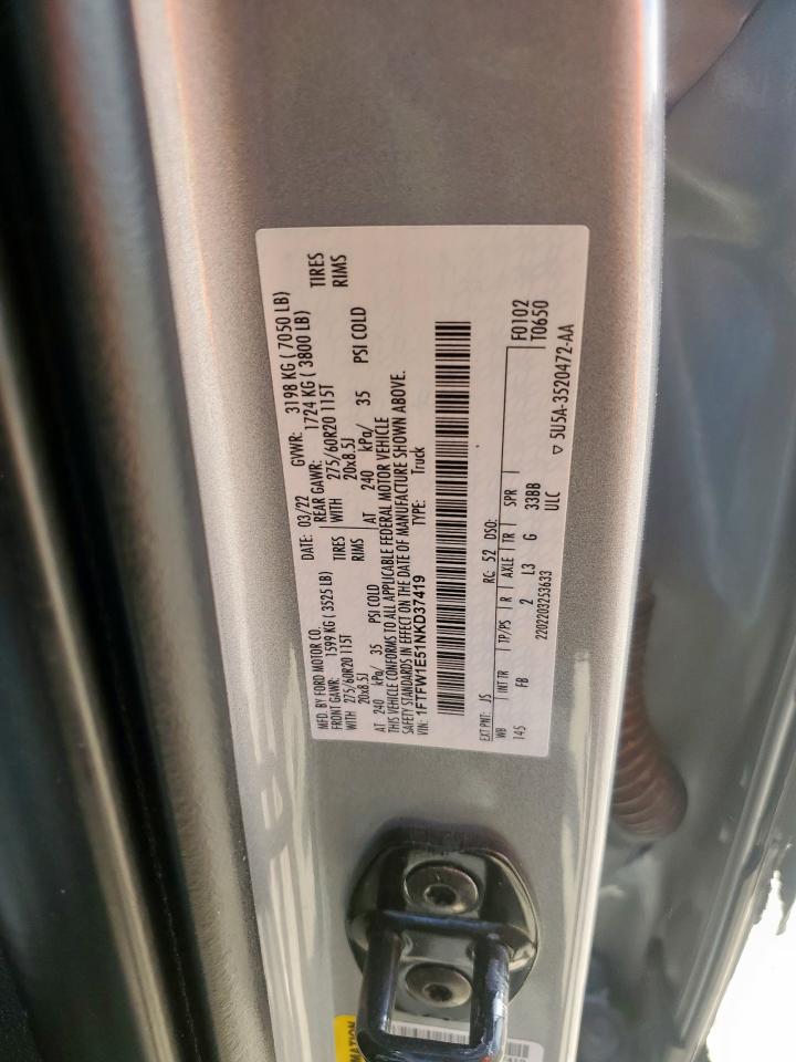 2022 Ford F150 Supercrew VIN: 1FTFW1E51NKD37419 Lot: 92658995