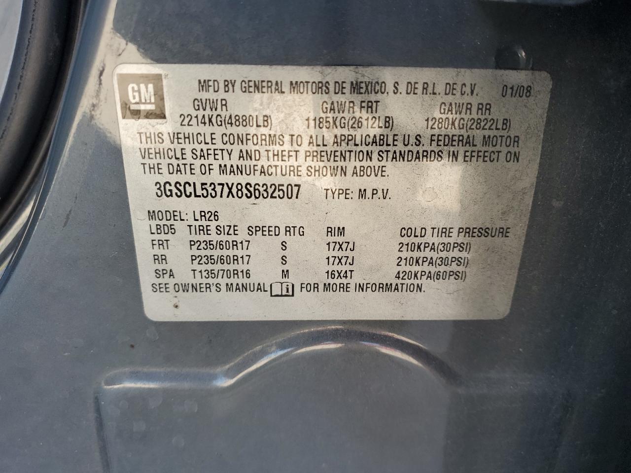 2008 Saturn Vue Xr VIN: 3GSCL537X8S632507 Lot: 92824355