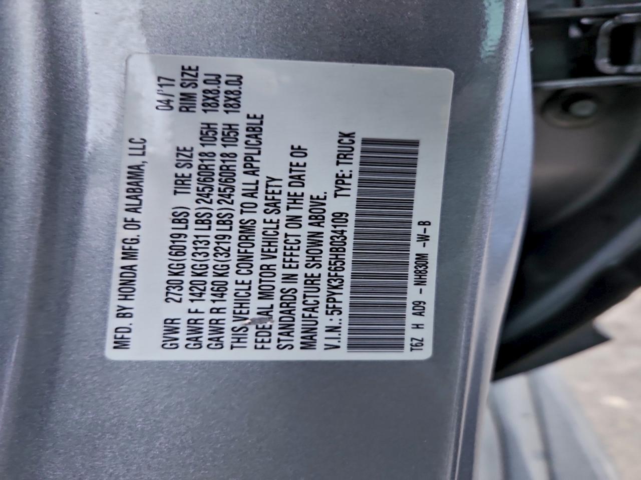 2017 Honda Ridgeline Rtl VIN: 5FPYK3F65HB034109 Lot: 93639965