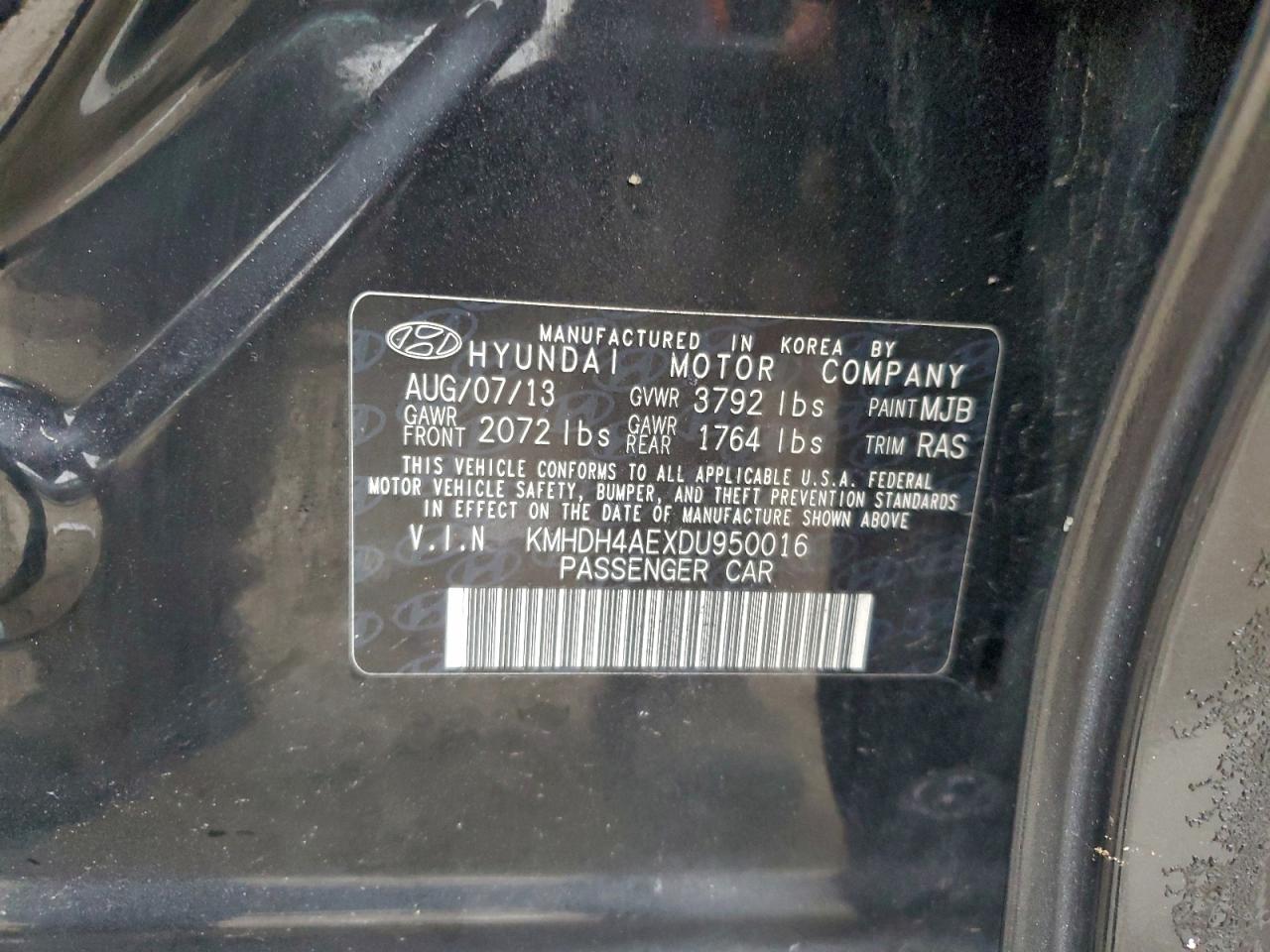 2013 Hyundai Elantra Gls VIN: KMHDH4AEXDU950016 Lot: 94294875