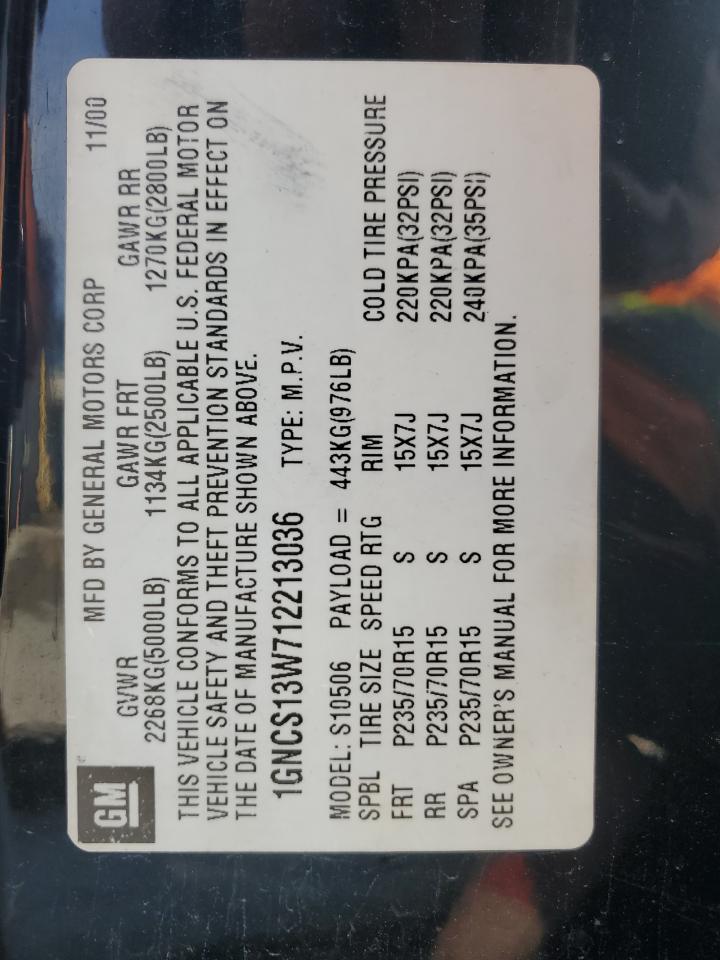 2001 Chevrolet Blazer VIN: 1GNCS13W712213036 Lot: 90436945