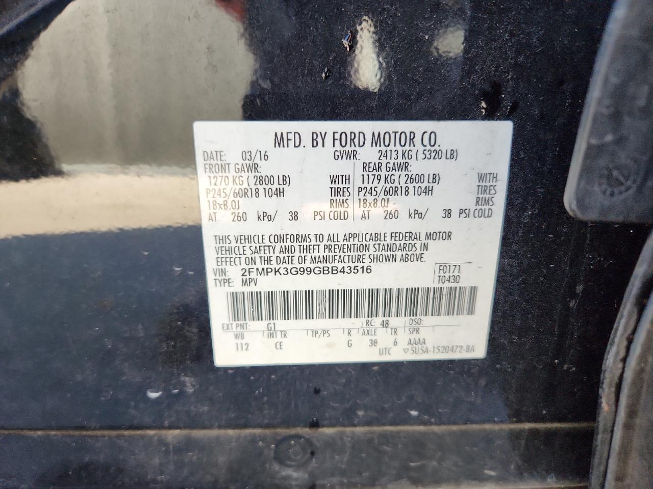 2016 Ford Edge Se VIN: 2FMPK3G99GBB43516 Lot: 92843525