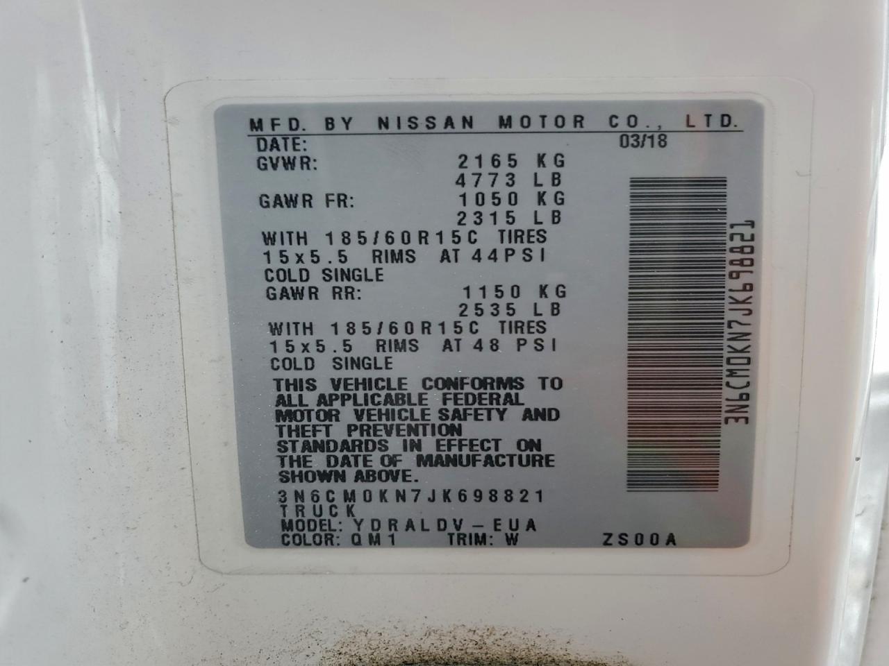 2018 Nissan Nv200 2.5S VIN: 3N6CM0KN7JK698821 Lot: 94029265