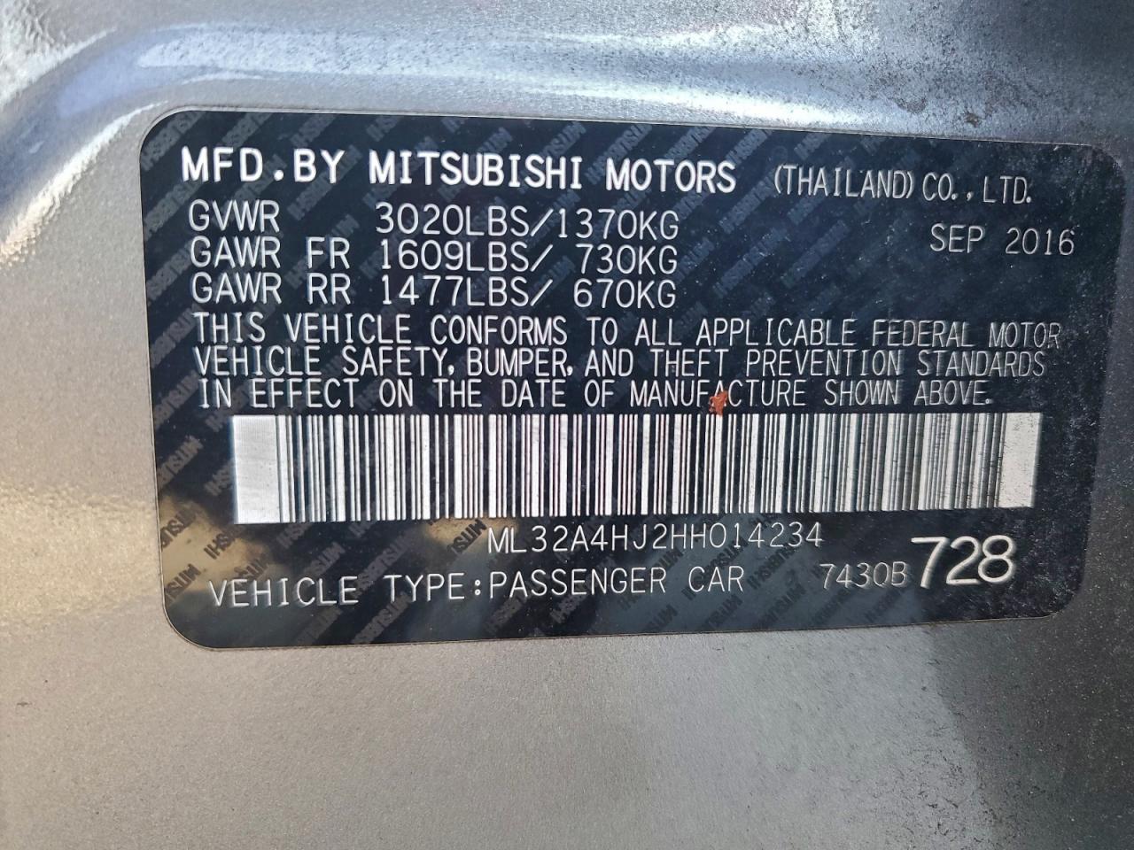 2017 Mitsubishi Mirage Se VIN: ML32A4HJ2HH014234 Lot: 93667835