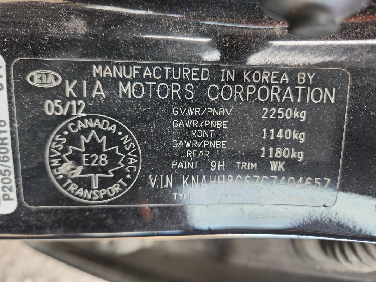 2012 Kia Rondo VIN: KNAHH8C67C7404657 Lot: 92219375