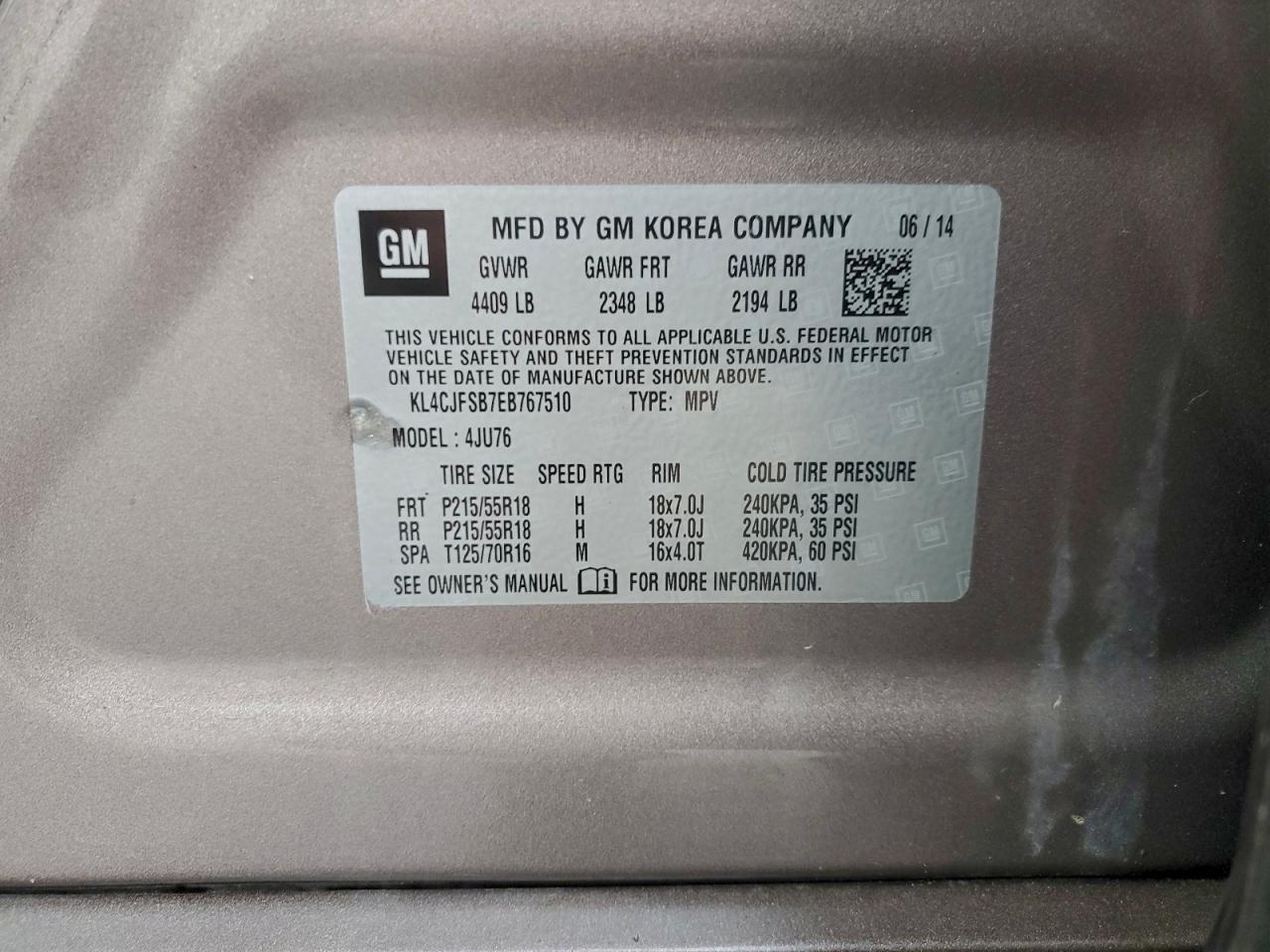 2014 Buick Encore Convenience VIN: KL4CJFSB7EB767510 Lot: 94308575