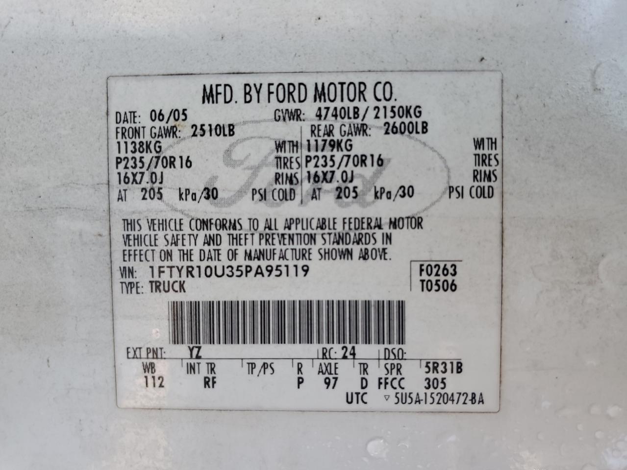 2005 Ford Ranger VIN: 1FTYR10U35PA95119 Lot: 91399655