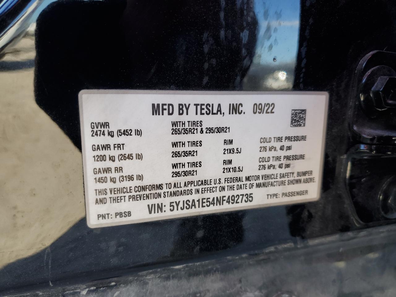 2022 Tesla Model S VIN: 5YJSA1E54NF492735 Lot: 92798955