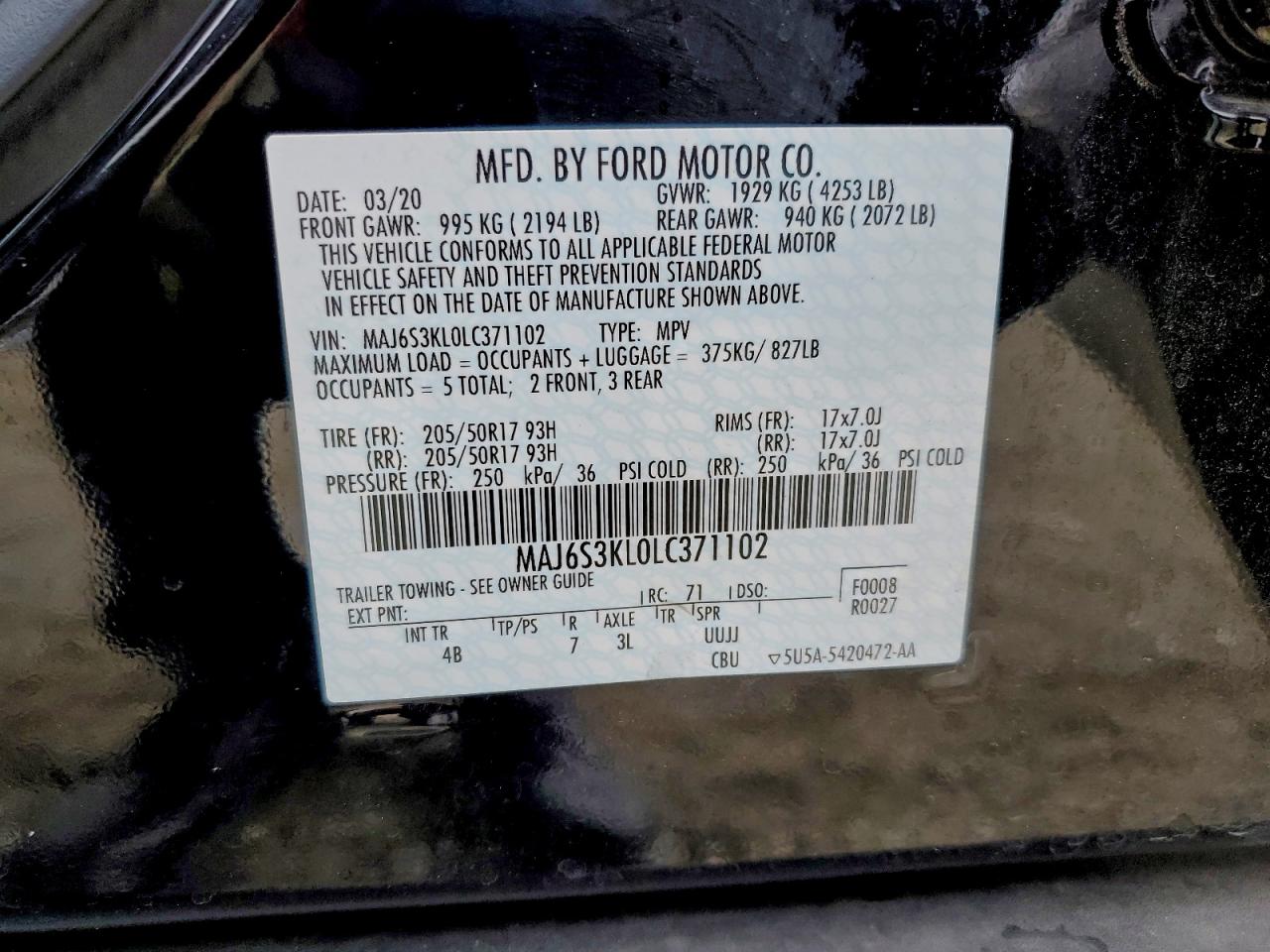 2020 Ford Ecosport Titanium VIN: MAJ6S3KL0LC371102 Lot: 93970155