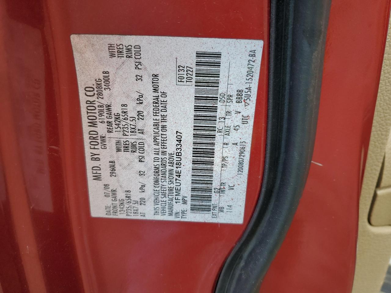 2008 Ford Explorer Eddie Bauer VIN: 1FMEU74E18UB33407 Lot: 91845775