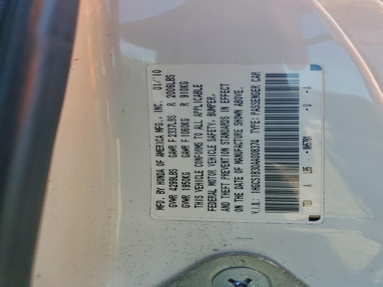 2010 Honda Accord Lx VIN: 1HGCS1B30AA008374 Lot: 93751745