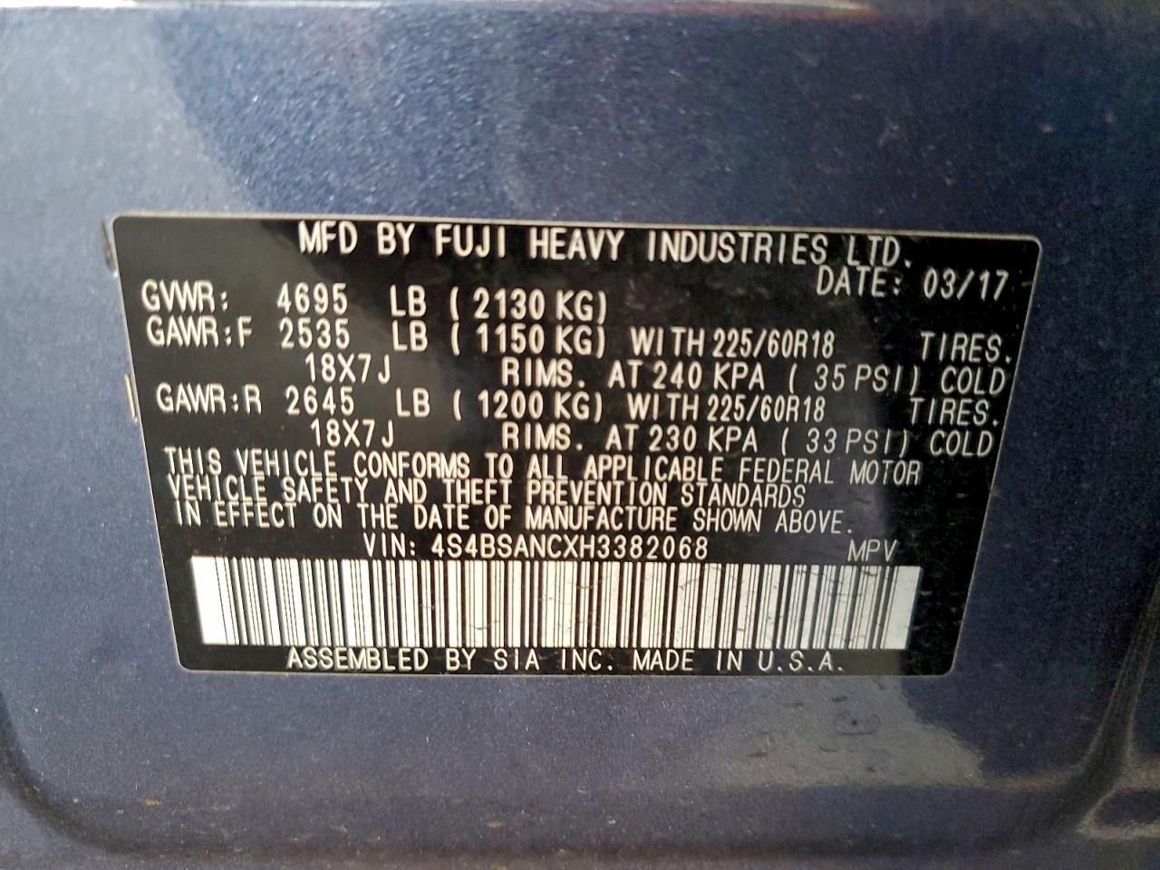 2017 Subaru Outback 2.5I Limited VIN: 4S4BSANCXH3382068 Lot: 94226135