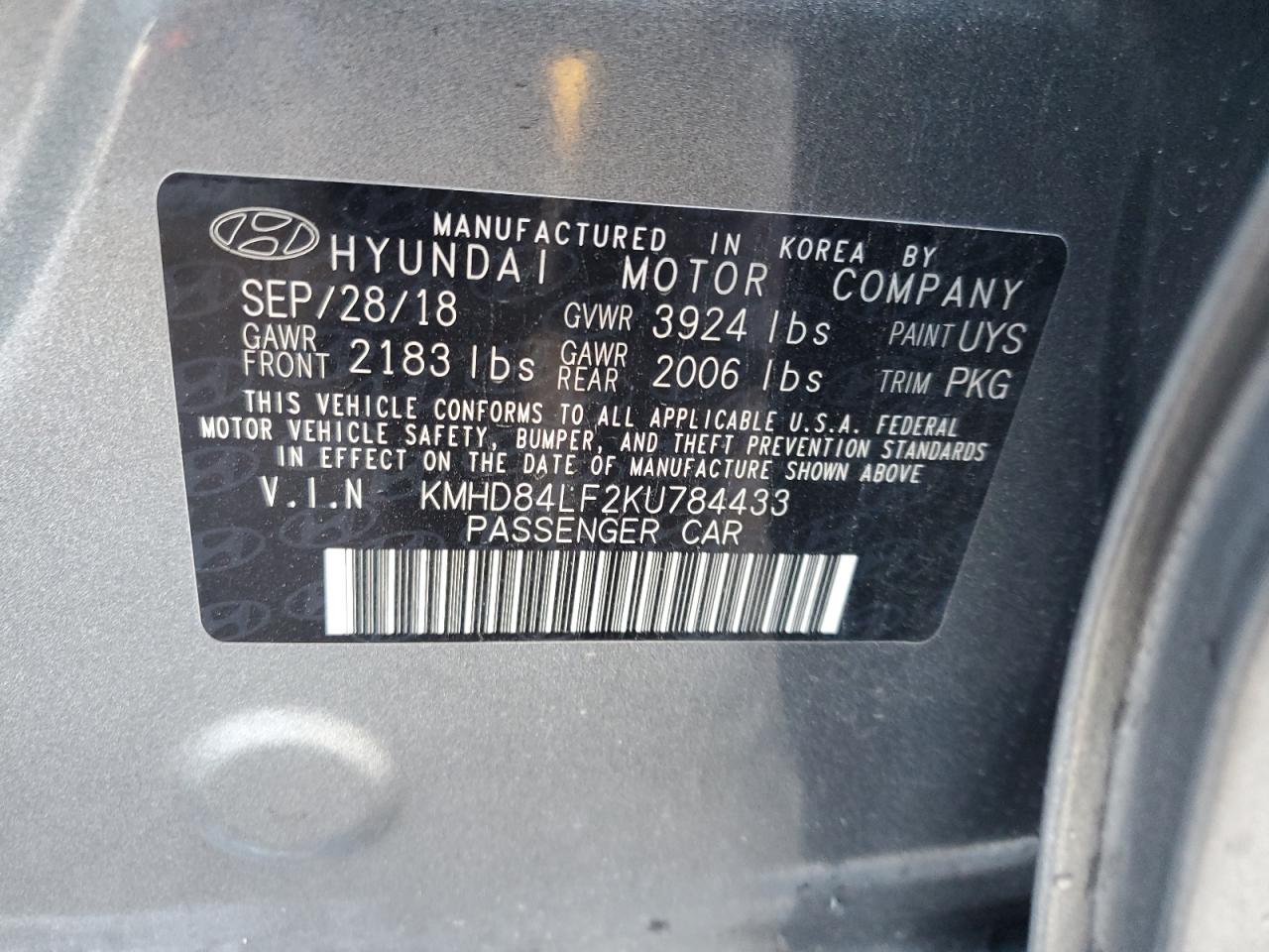 2019 Hyundai Elantra Sel VIN: KMHD84LF2KU784433 Lot: 93451095