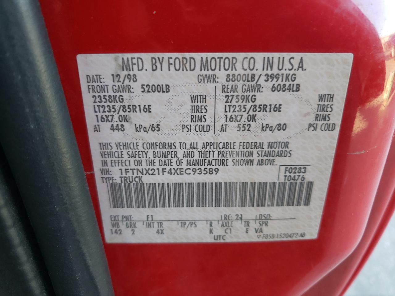 1999 Ford F250 Super Duty VIN: 1FTNX21F4XEC93589 Lot: 92013625