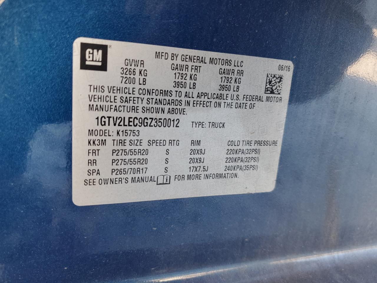 2016 GMC Sierra K1500 VIN: 1GTV2LEC9GZ350012 Lot: 91823635