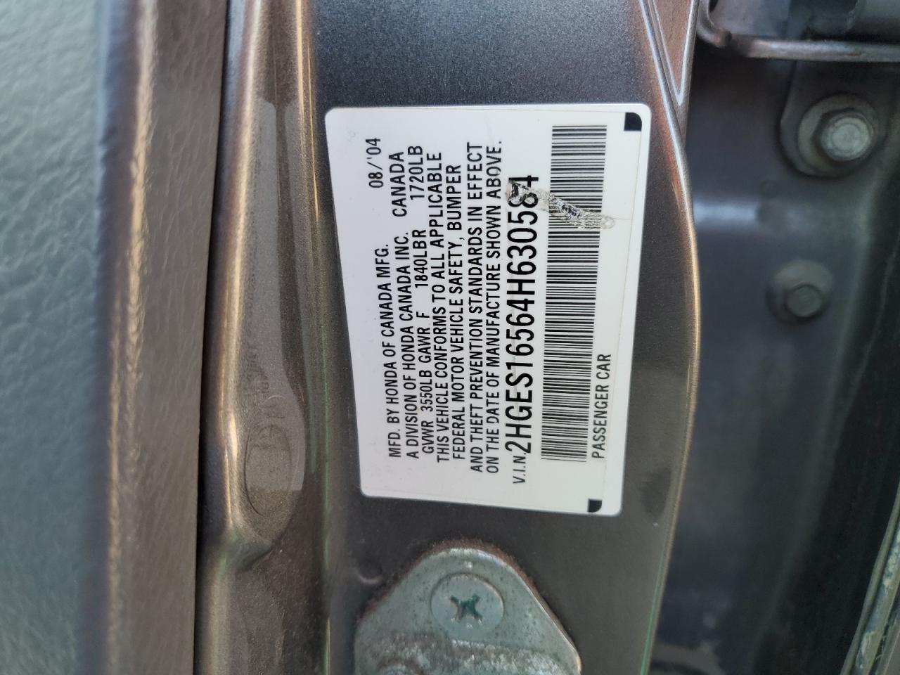 2004 Honda Civic Lx VIN: 2HGES16564H630584 Lot: 91143695