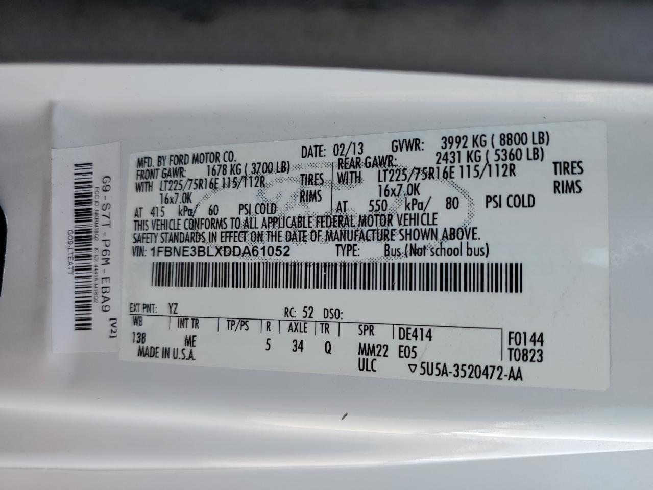 2013 Ford Econoline E350 Super Duty Wagon VIN: 1FBNE3BLXDDA61052 Lot: 92619185