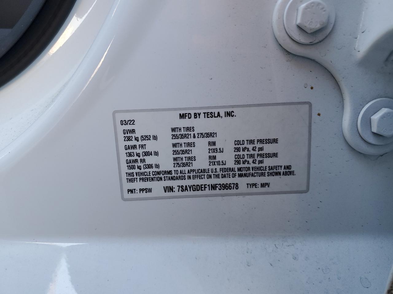 2022 Tesla Model Y VIN: 7SAYGDEF1NF396678 Lot: 91971935