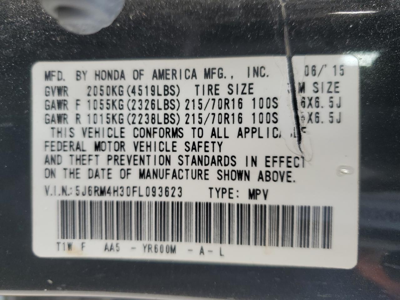 2015 Honda Cr-V Lx VIN: 5J6RM4H30FL093623 Lot: 93696375