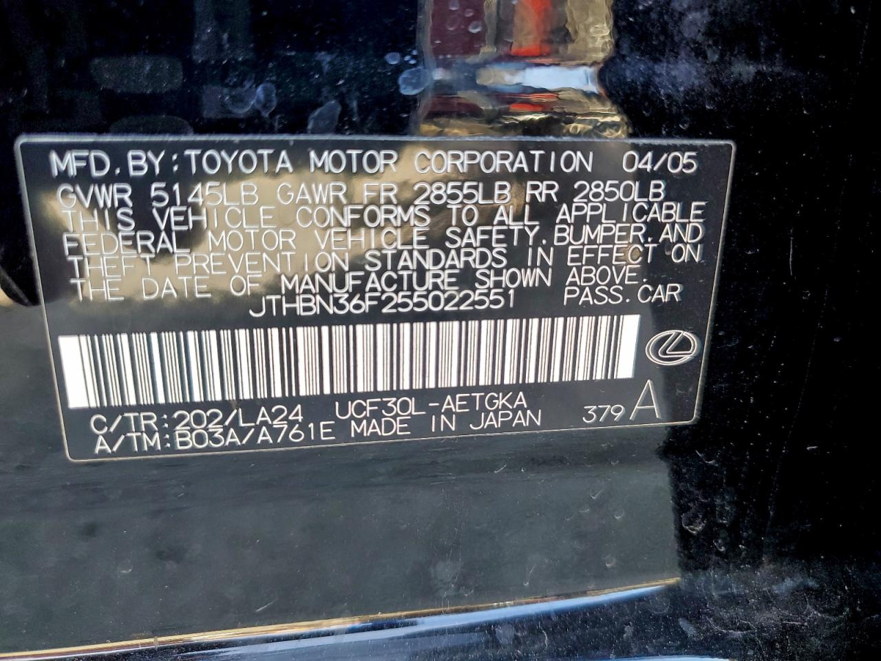 2005 Lexus Ls 430 VIN: JTHBN36F255022551 Lot: 94356995