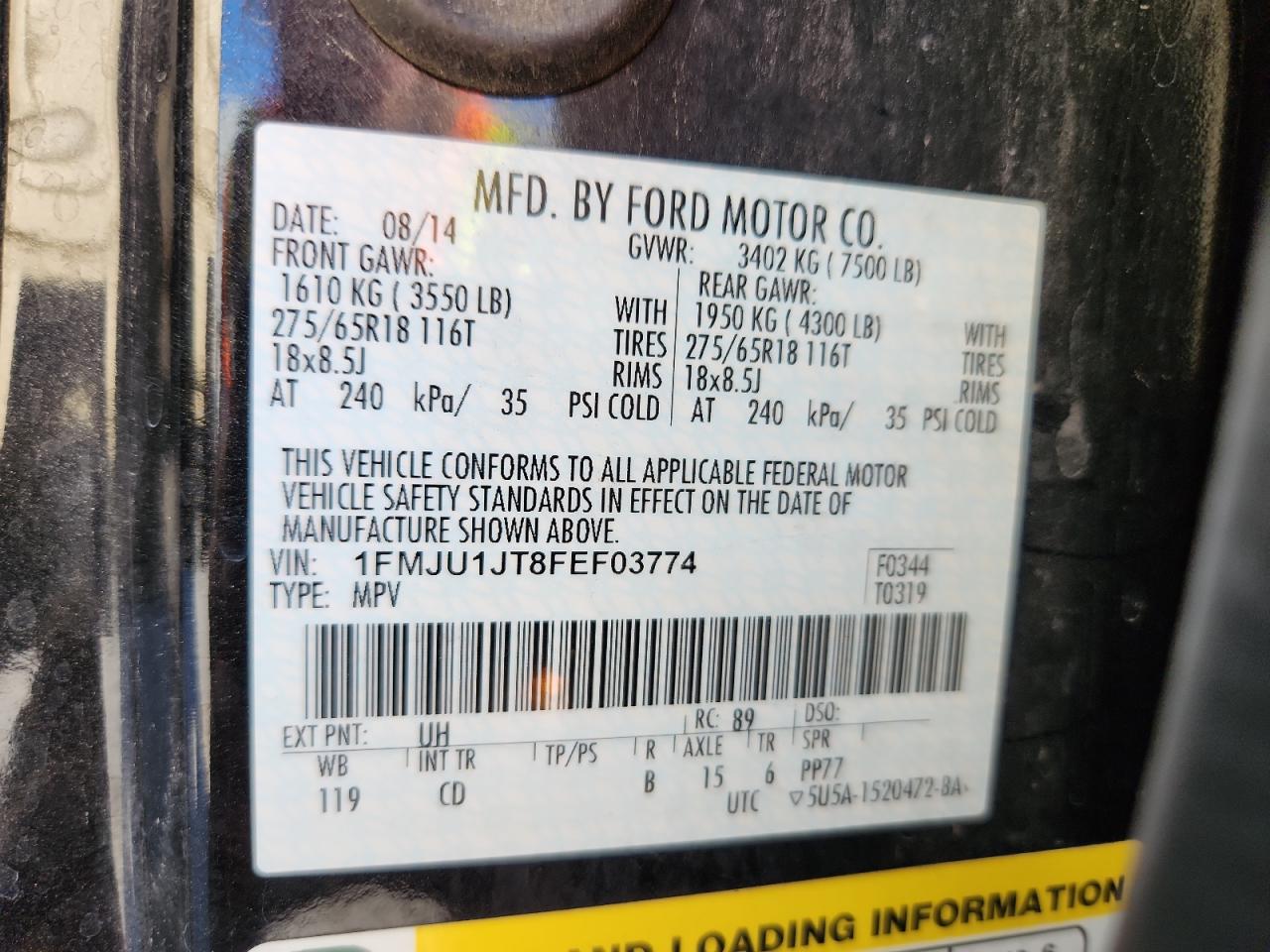 2015 Ford Expedition Xlt VIN: 1FMJU1JT8FEF03774 Lot: 93339755