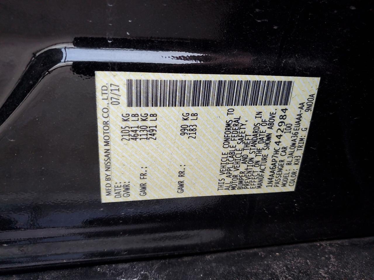 2017 Nissan Maxima 3.5S VIN: 1N4AA6AP7HC442984 Lot: 92735065