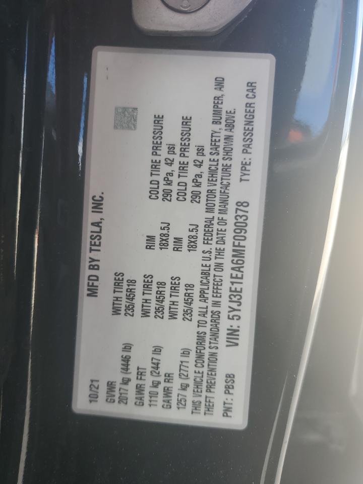 2021 Tesla Model 3 VIN: 5YJ3E1EA6MF090378 Lot: 93445835