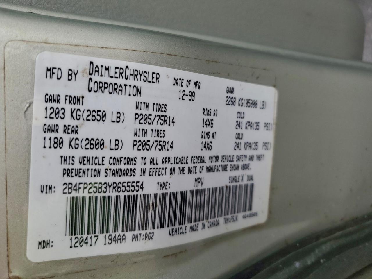 2000 Dodge Caravan VIN: 2B4FP25B3YR655554 Lot: 94225915