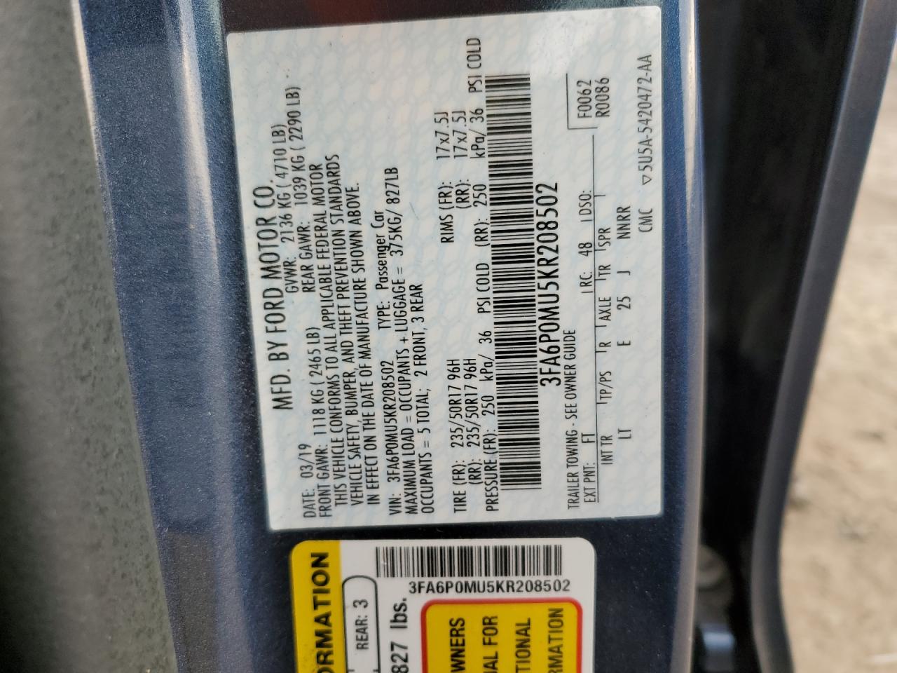 2019 Ford Fusion Sel VIN: 3FA6P0MU5KR208502 Lot: 91524305