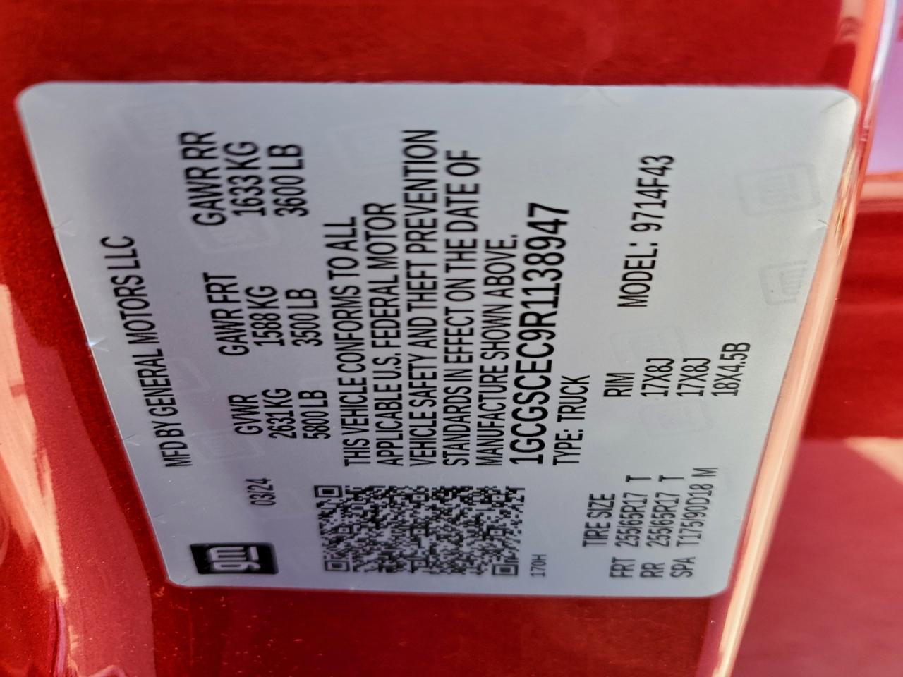 2024 Chevrolet Colorado Lt VIN: 1GCGSCEC9R1138947 Lot: 94649775