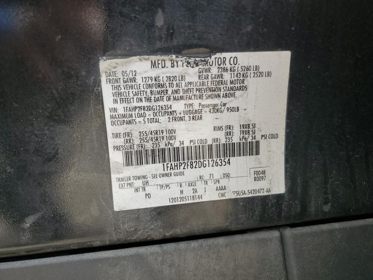 2013 Ford Taurus Limited VIN: 1FAHP2F82DG126354 Lot: 92474395