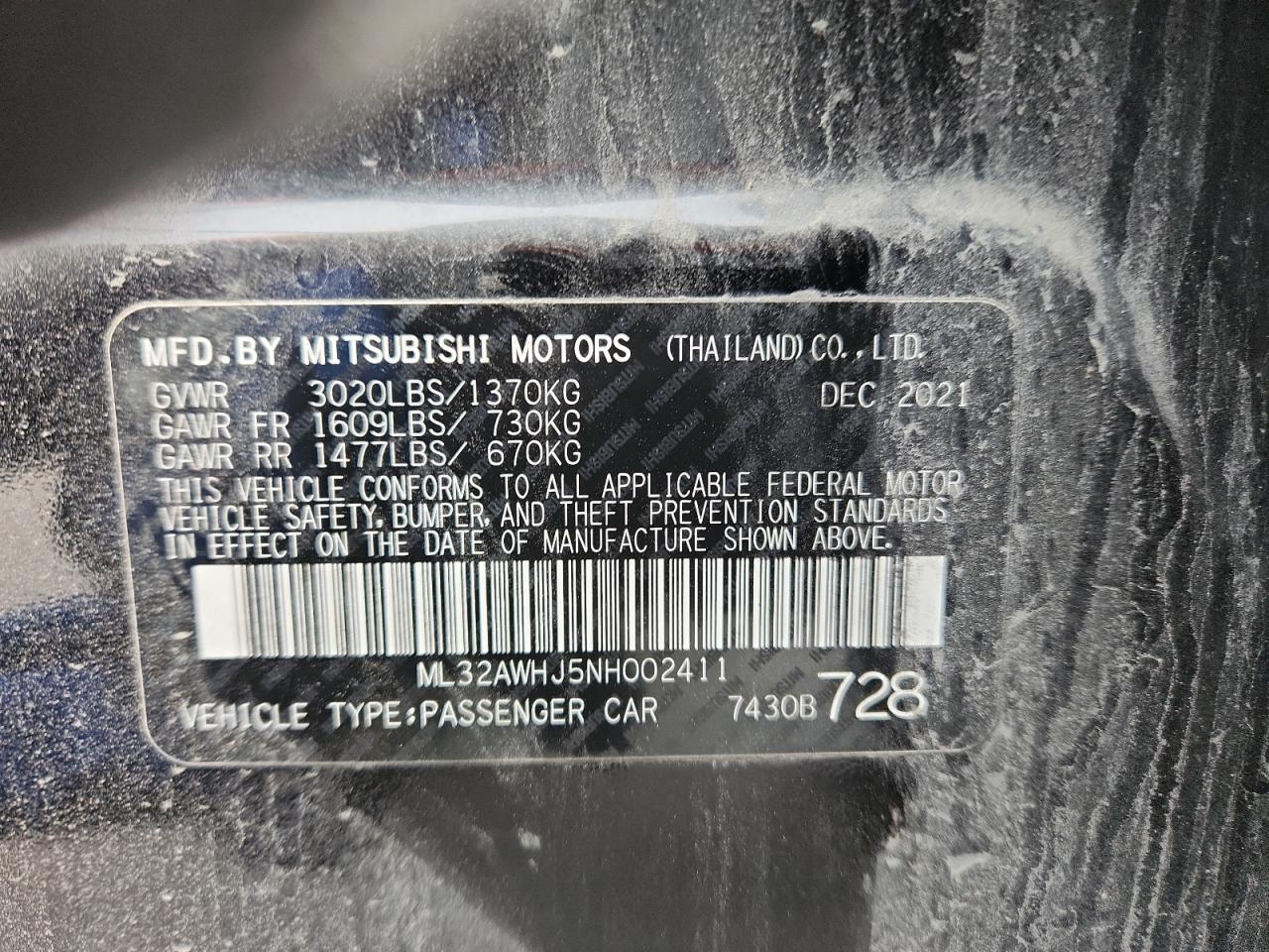 2022 Mitsubishi Mirage Se VIN: ML32AWHJ5NH002411 Lot: 92083505