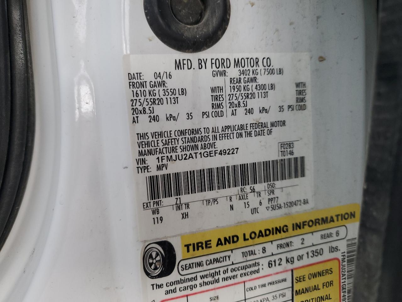 2016 Ford Expedition Limited VIN: 1FMJU2AT1GEF49227 Lot: 93332705