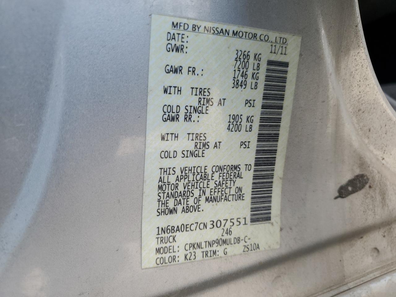 2012 Nissan Titan S VIN: 1N6BA0EC7CN307551 Lot: 91216625