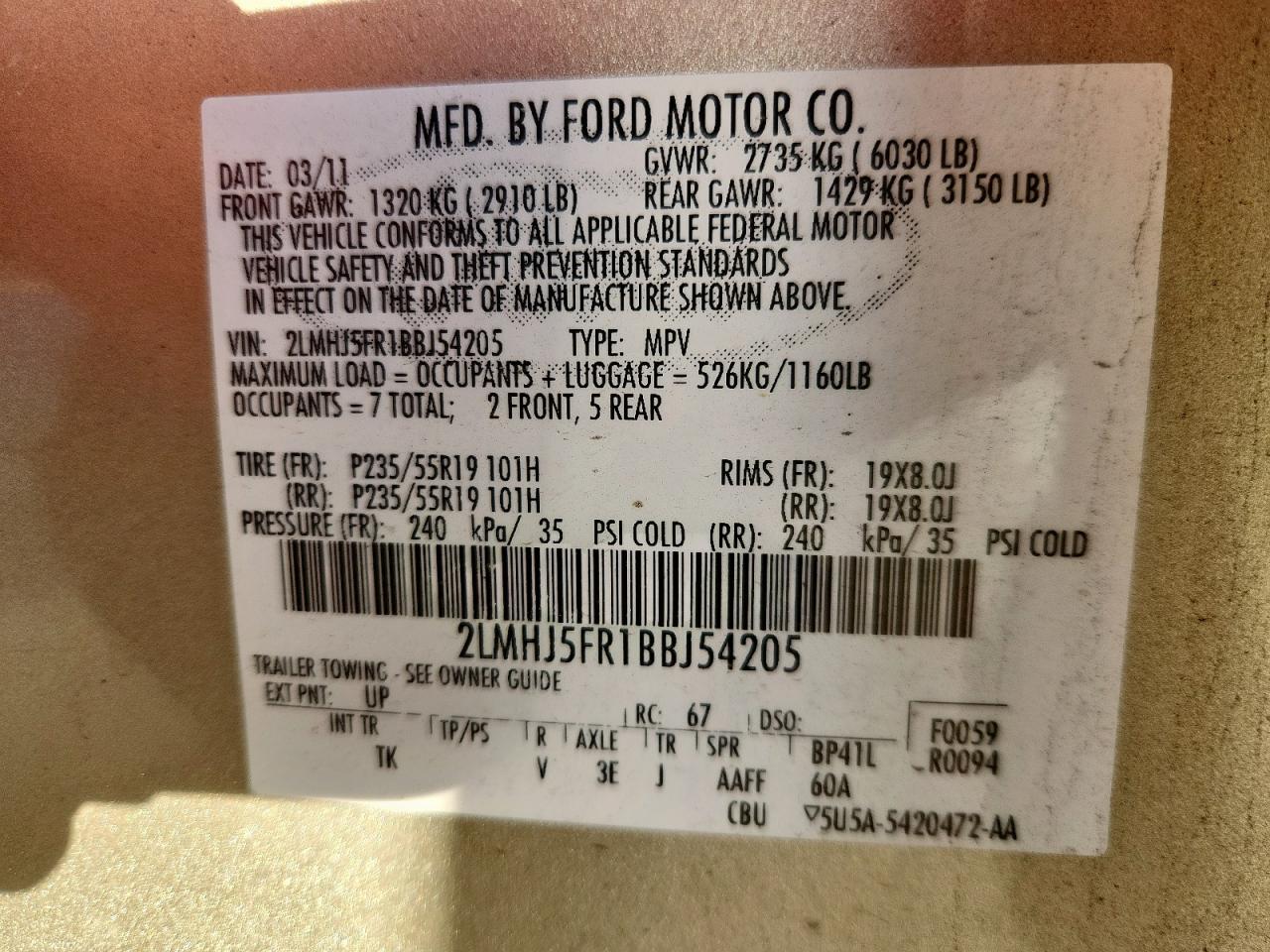 2011 Lincoln Mkt VIN: 2LMHJ5FR1BBJ54205 Lot: 92687605