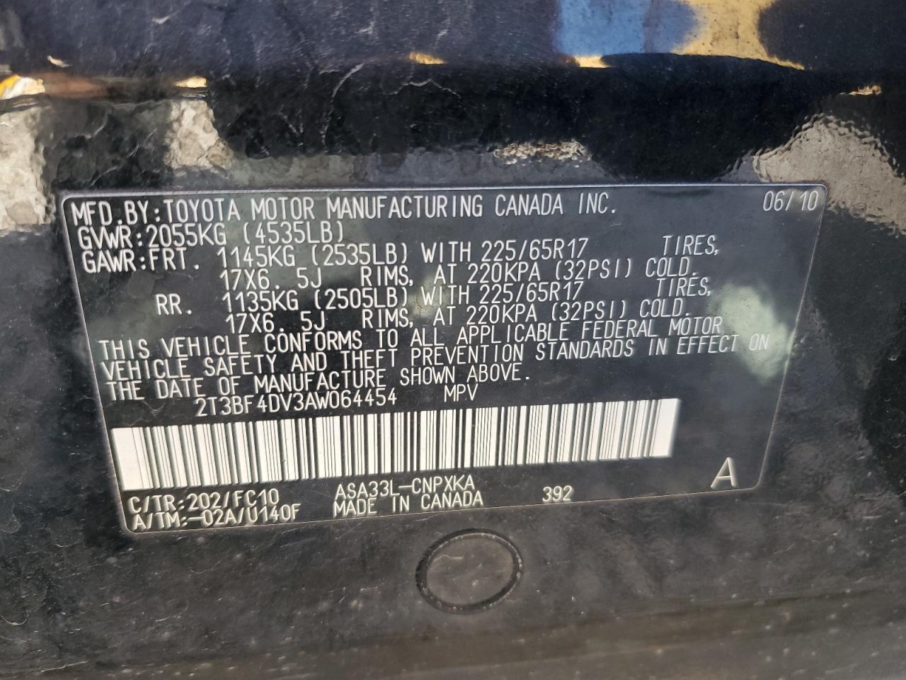 2010 Toyota Rav4 VIN: 2T3BF4DV3AW064454 Lot: 91125385