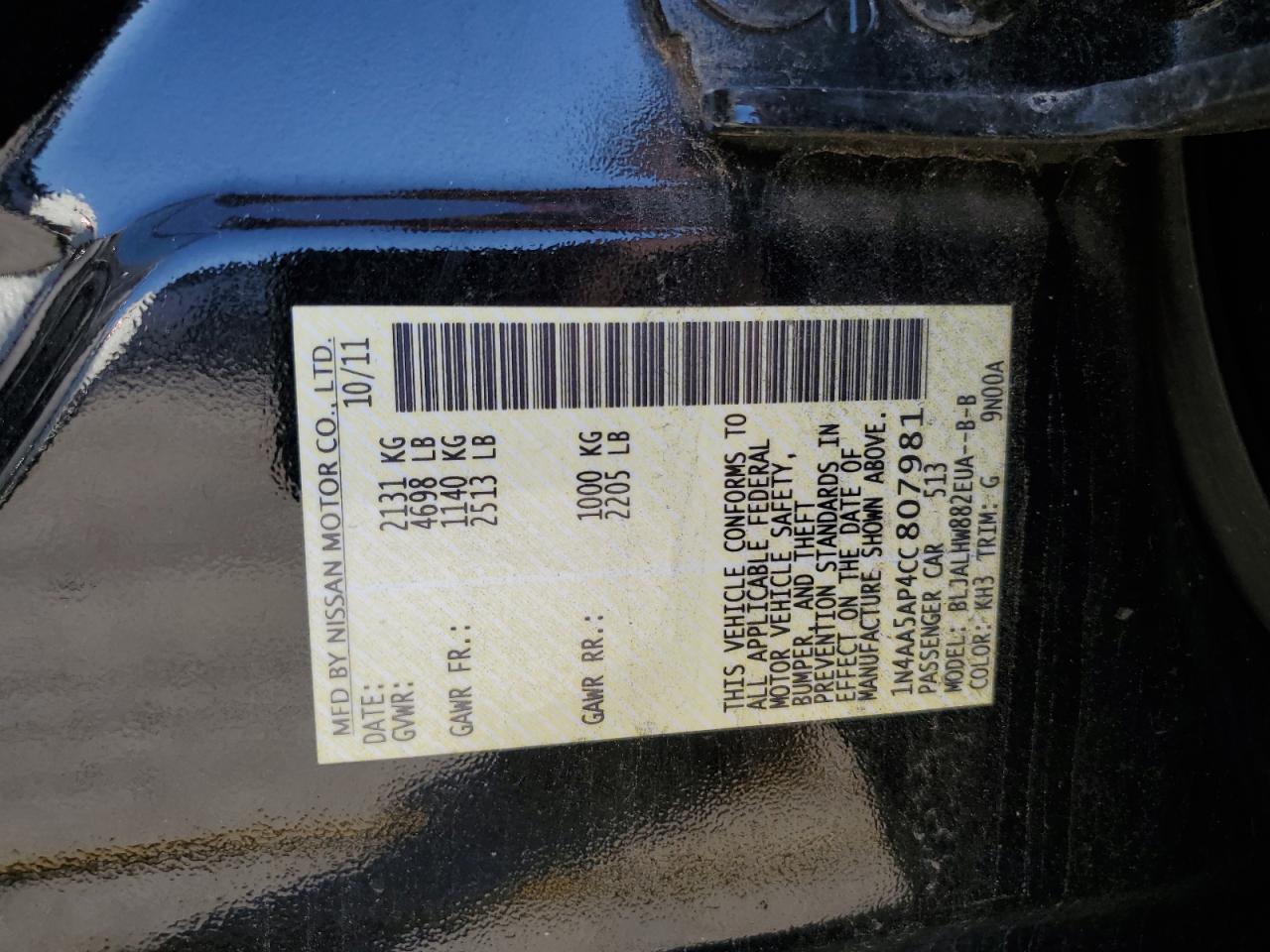 2012 Nissan Maxima S VIN: 1N4AA5AP4CC807981 Lot: 92285125