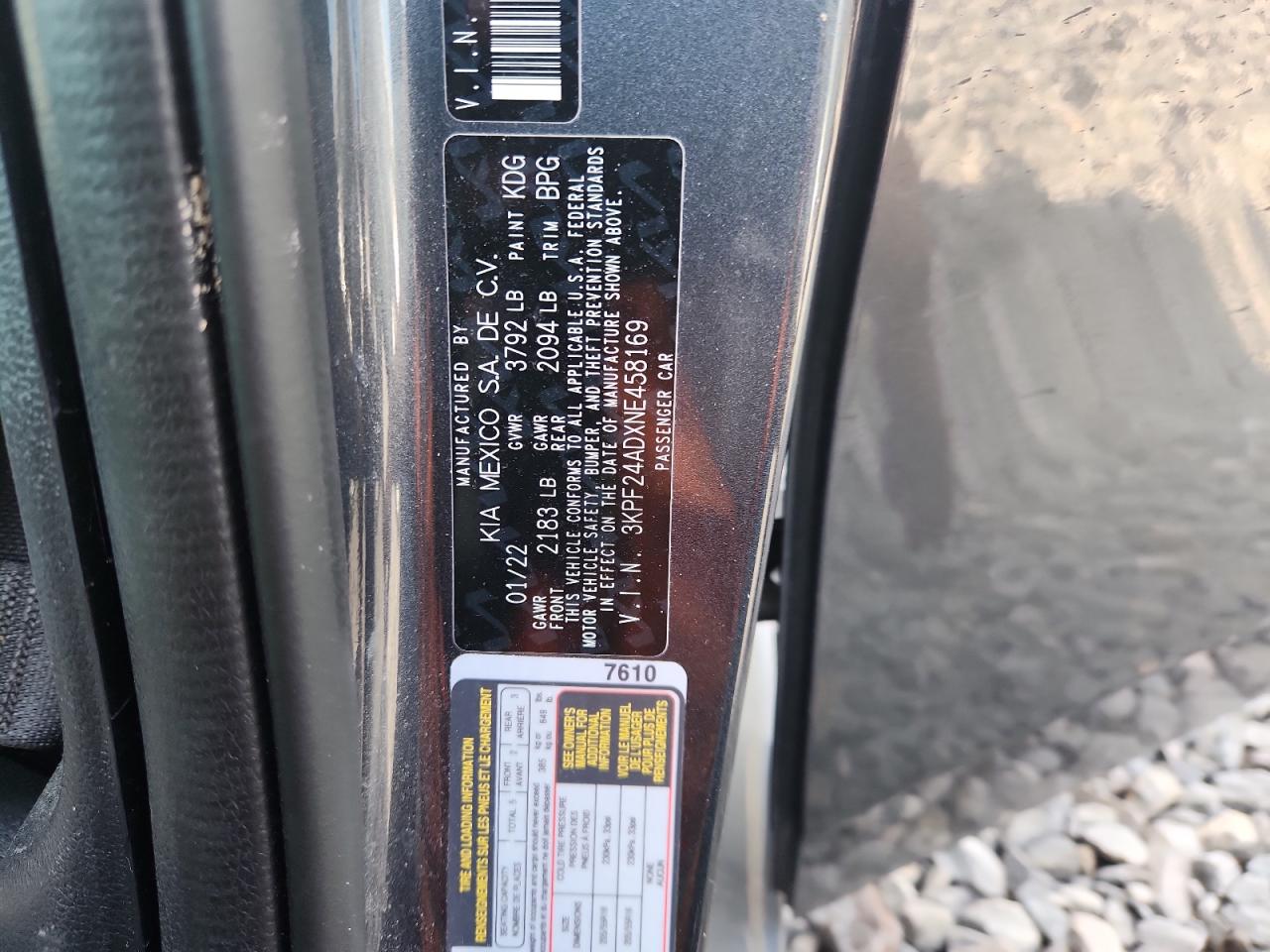 2022 Kia Forte Fe VIN: 3KPF24ADXNE458169 Lot: 92821815