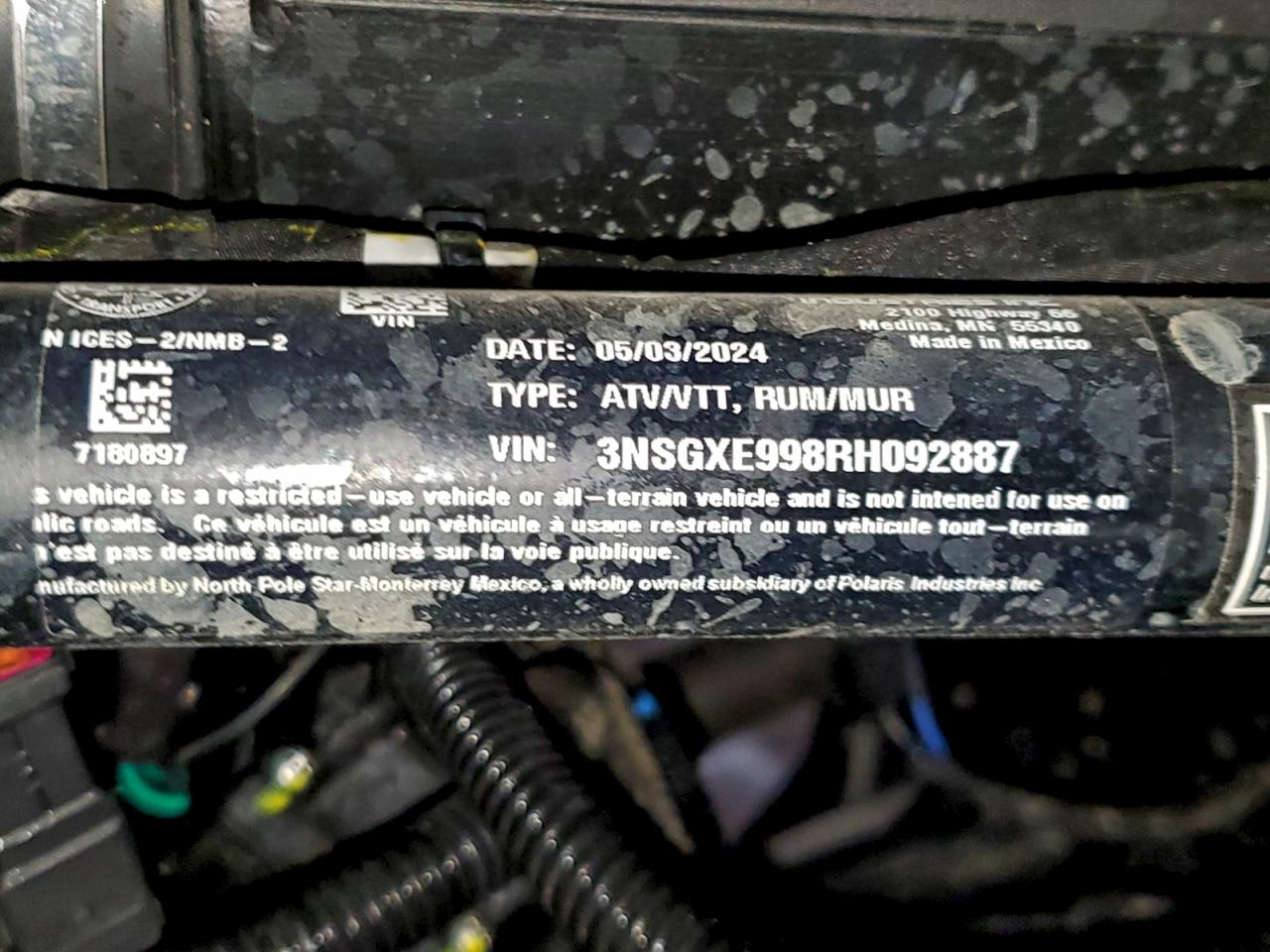 2024 Polaris General Xp 1000 Sport VIN: 3NSGXE998RH092887 Lot: 93484975