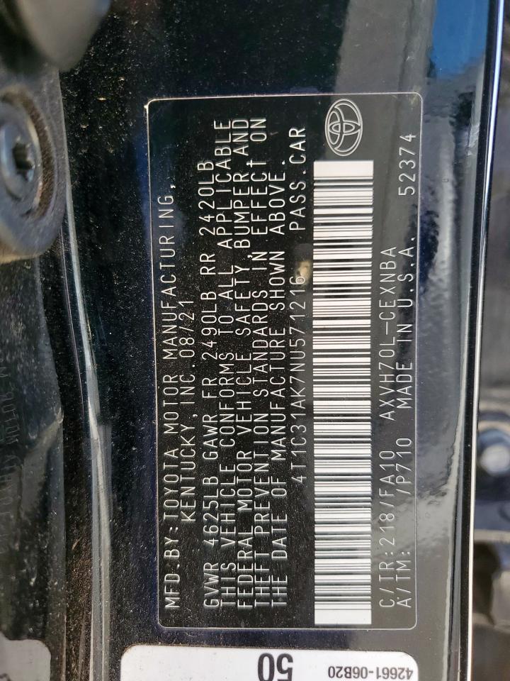 2022 Toyota Camry Le VIN: 4T1C31AK7NU571216 Lot: 92197525