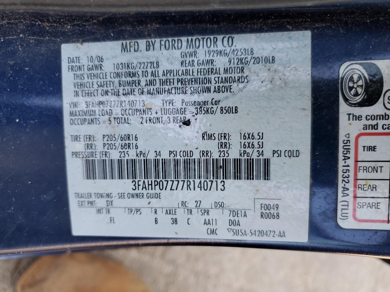 2007 Ford Fusion Se VIN: 3FAHP07Z77R140713 Lot: 91144645