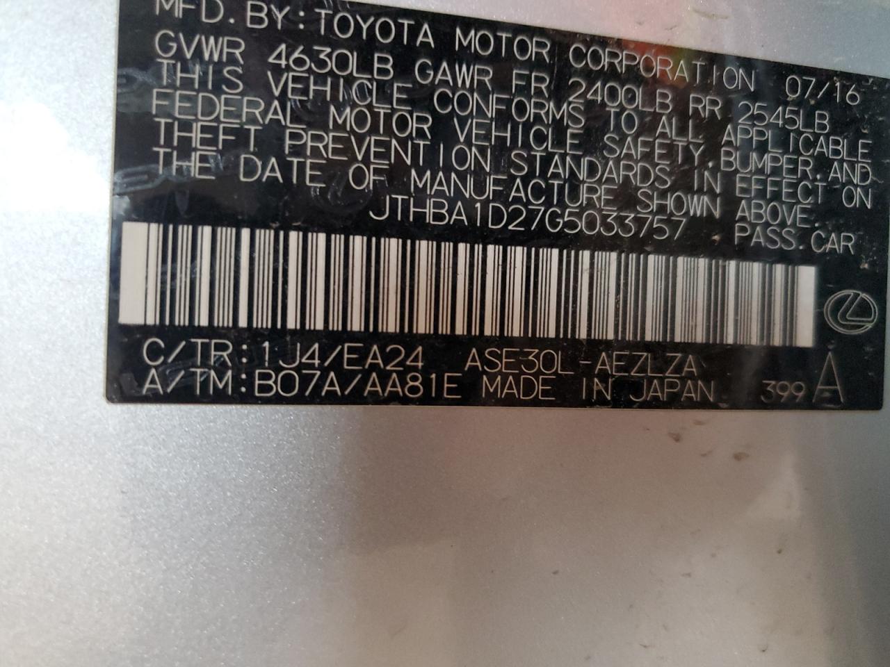 2016 Lexus Is 200T VIN: JTHBA1D27G5033757 Lot: 92863265