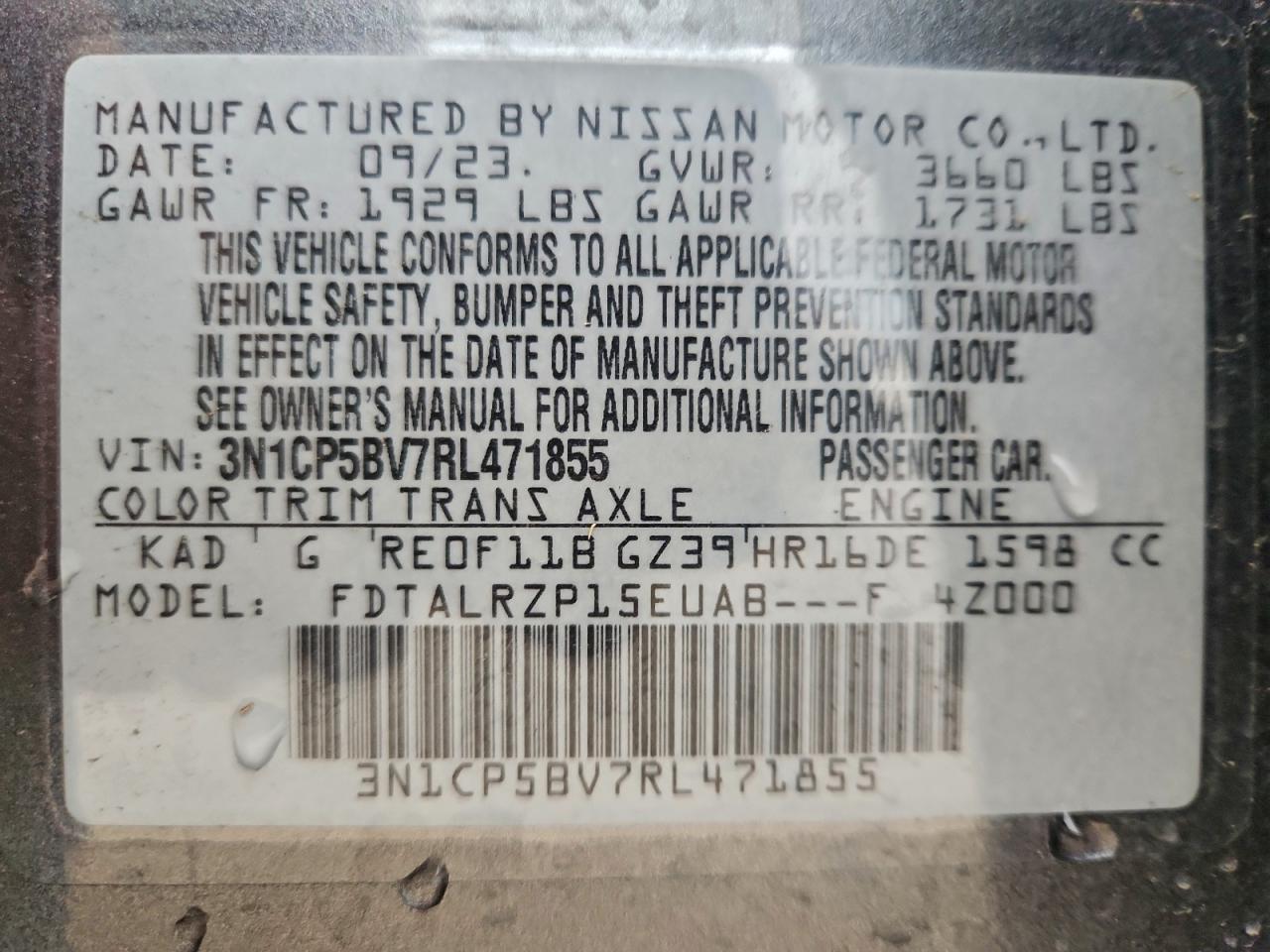 2024 Nissan Kicks S VIN: 3N1CP5BV7RL471855 Lot: 93220515