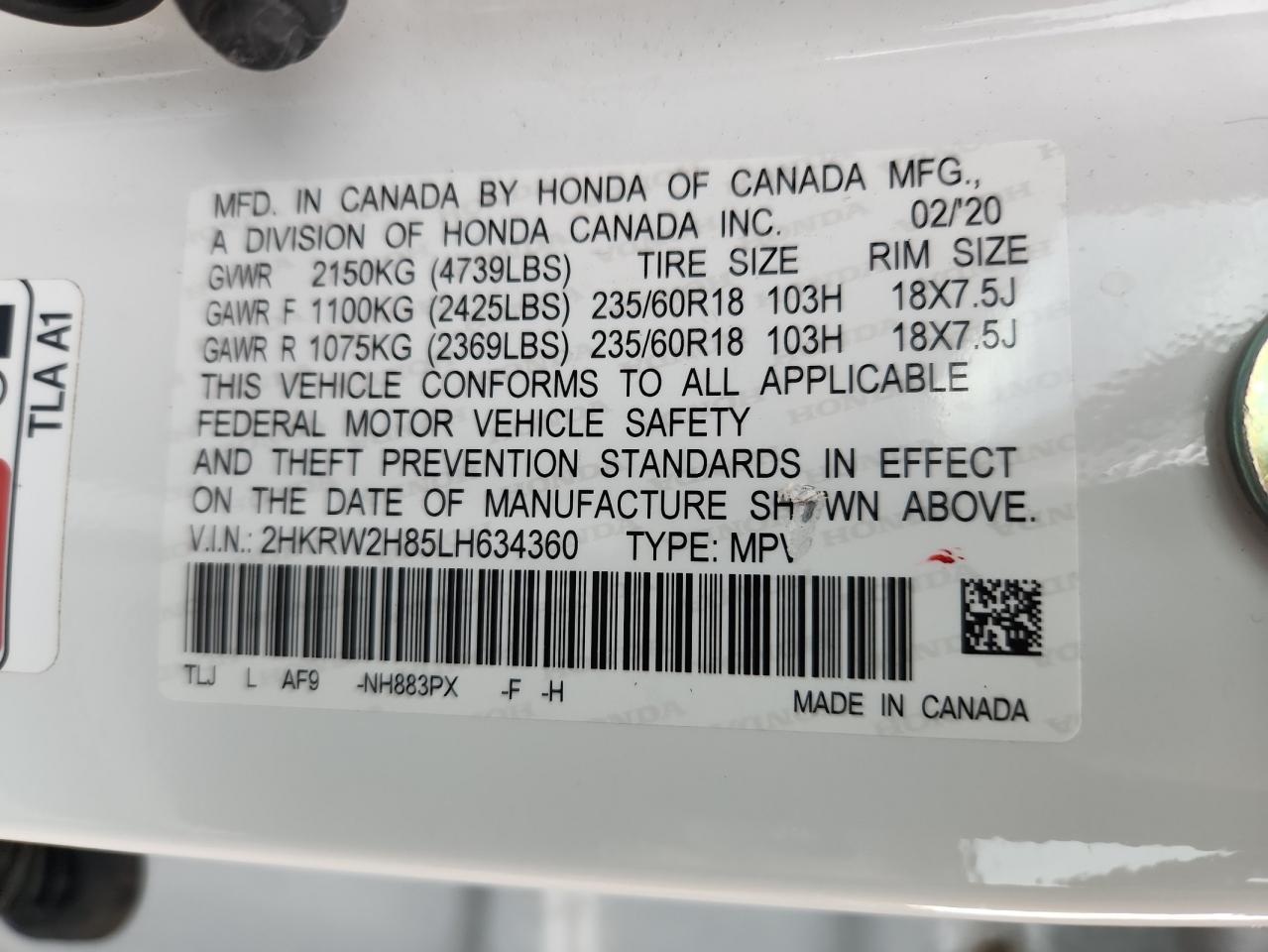 2020 Honda Cr-V Exl VIN: 2HKRW2H85LH634360 Lot: 91201645