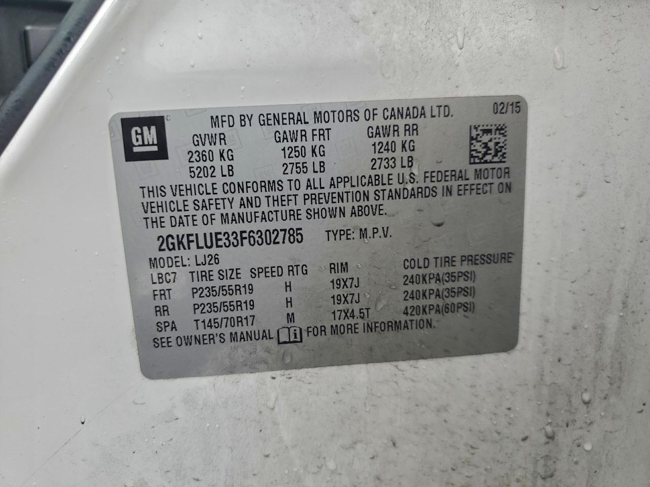 2015 GMC Terrain Denali VIN: 2GKFLUE33F6302785 Lot: 93449425