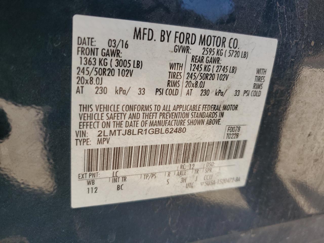 2016 Lincoln Mkx Reserve VIN: 2LMTJ8LR1GBL62480 Lot: 92827055