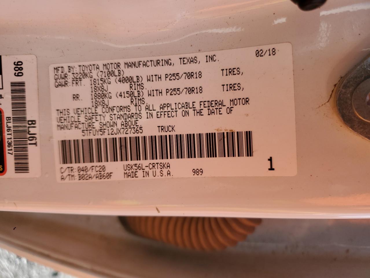 2018 Toyota Tundra Double Cab Sr VIN: 5TFUY5F12JX727365 Lot: 92316295